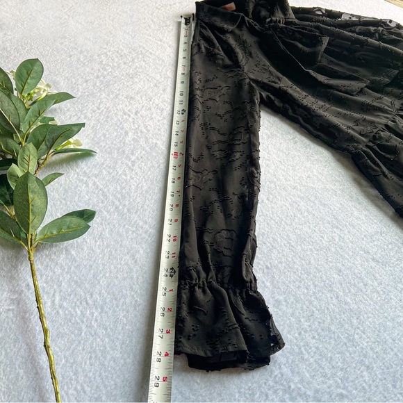 Women’s Black Sheer Embroidered Mini Dress Ruffle Hem Long Sleeve Button Up - Picture 15 of 15